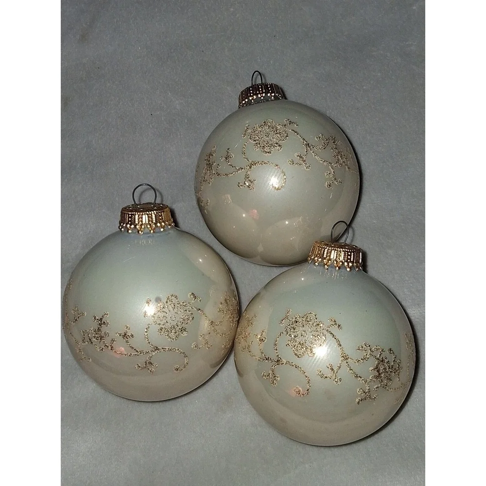 Vintage Krebs Glass Christmas Ornaments Set of 3 Ivory Rose Floral Gold